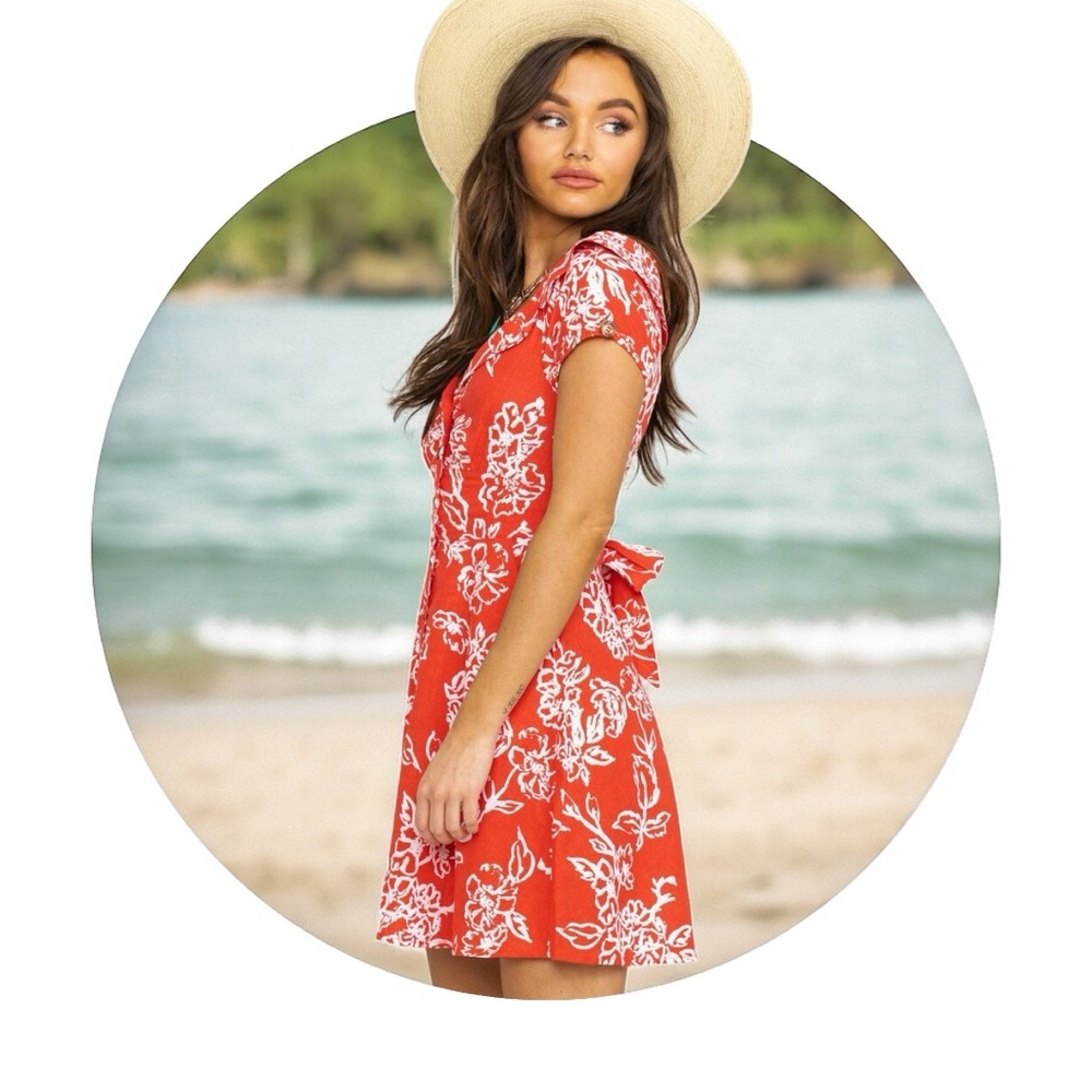 Free People sz 12 Red Floral Boho Linen Blend Button Down Belted Mini Dress